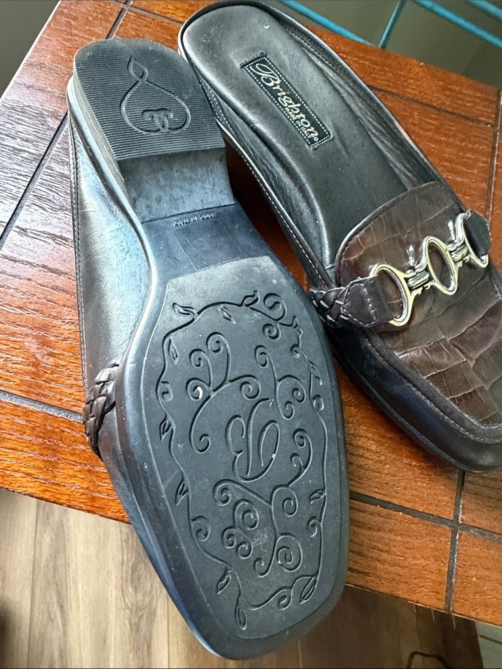 Brighton Brown Croc-Embossed Leather Slip-On Mules