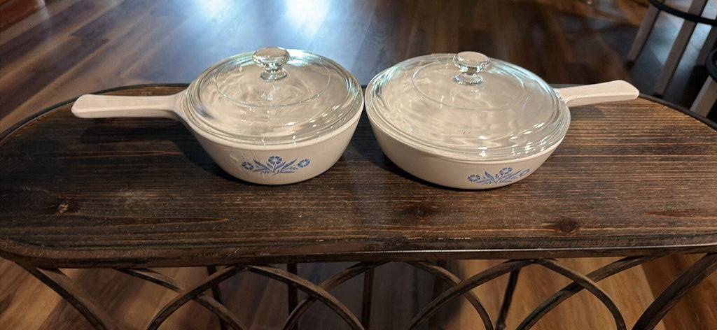Corning Ware Cornflower P-81-B 1 and  P-83-B 6 1/2 “ Saucepans & Pyrex Lids