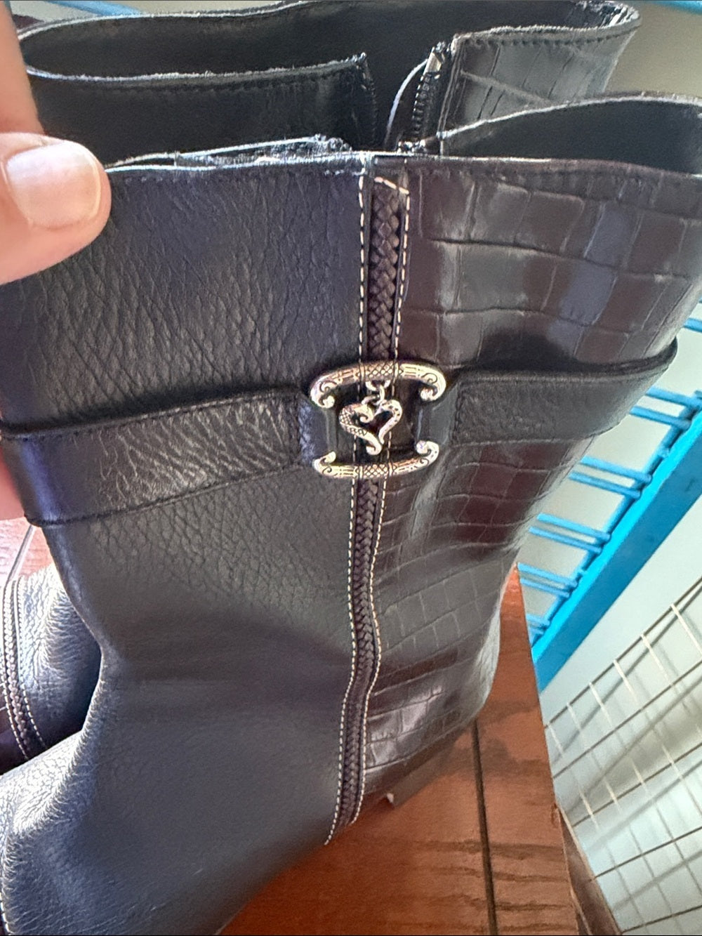 Gretel Women's Black Leather and Croc-Embossed Mid-Calf Boots Size 6