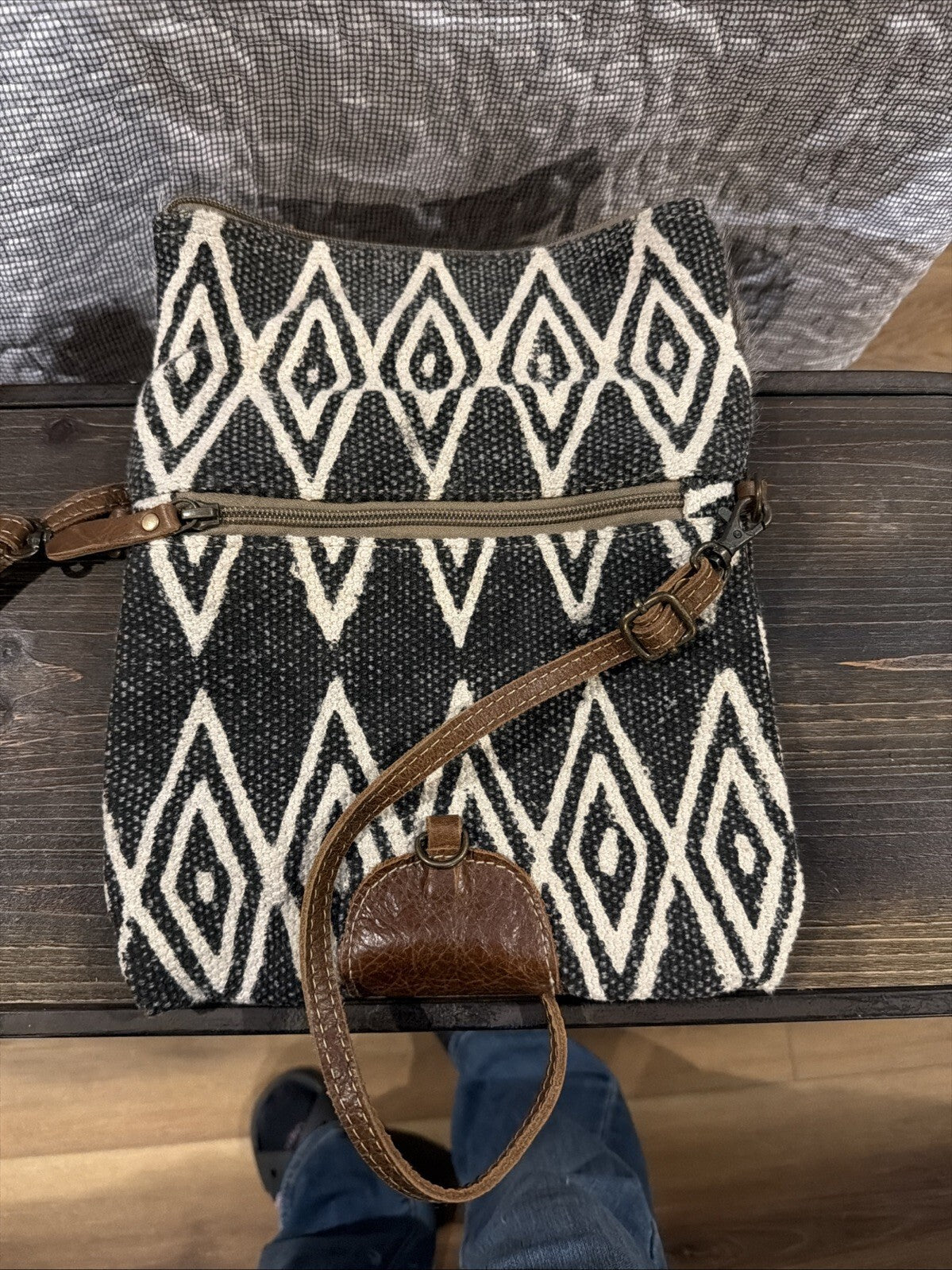 Myra Bag Black and White Geometric Crossbody Bag with Leather Strap