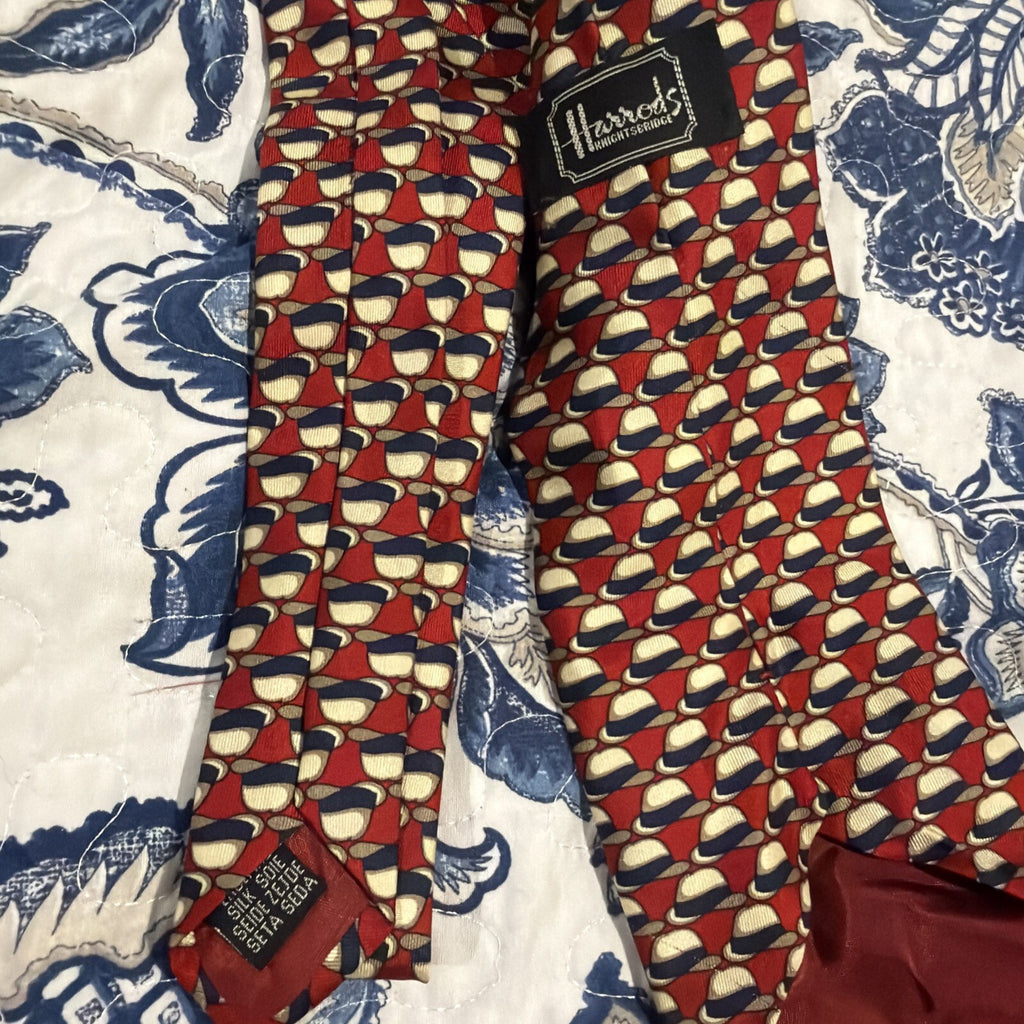 GORGEOUS Harrods of London Red With Bowler Hats Motif Silk Tie Made in England