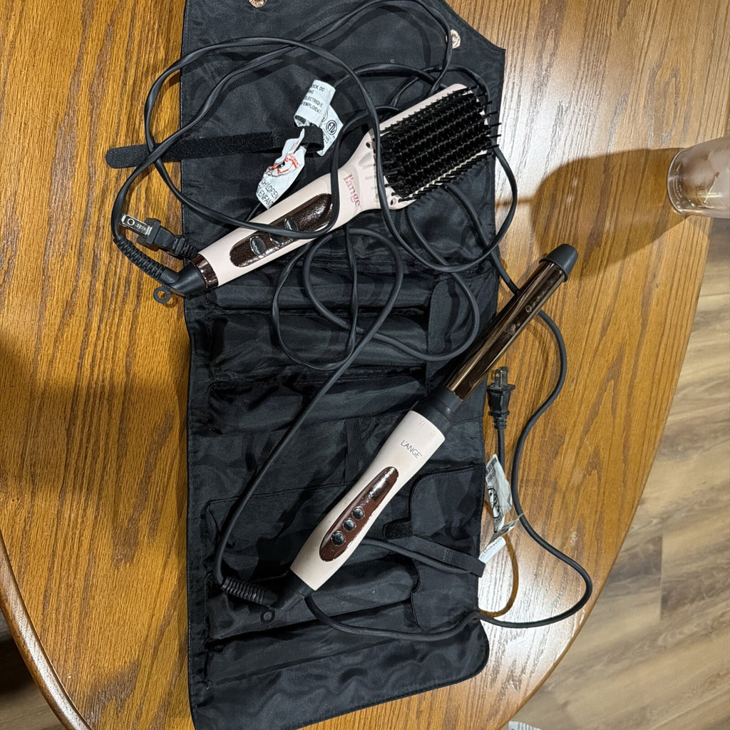 LANGÉ Blush Pink Curling Iron And Drying Brush With Bag And Multiple Attachments