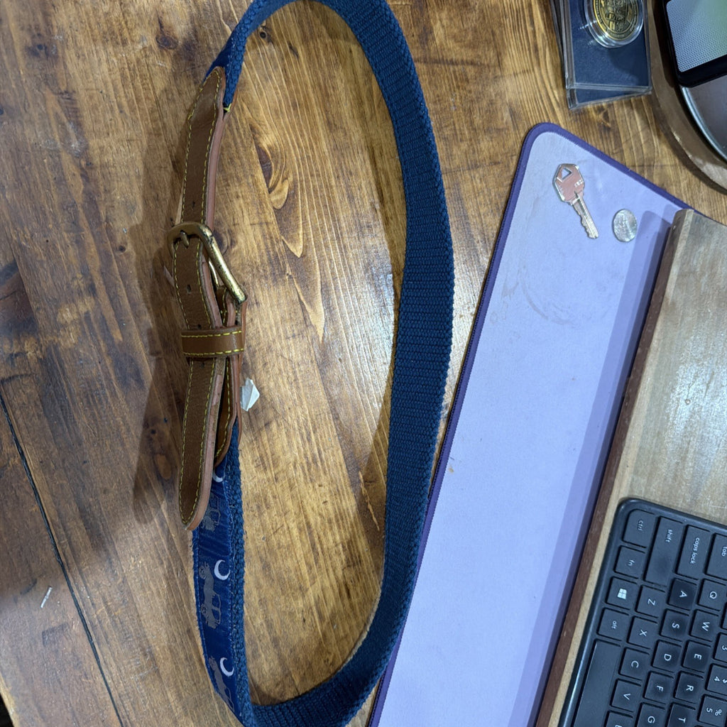 Navy Blue Canvas and Leather Belt with Car and Moon Pattern