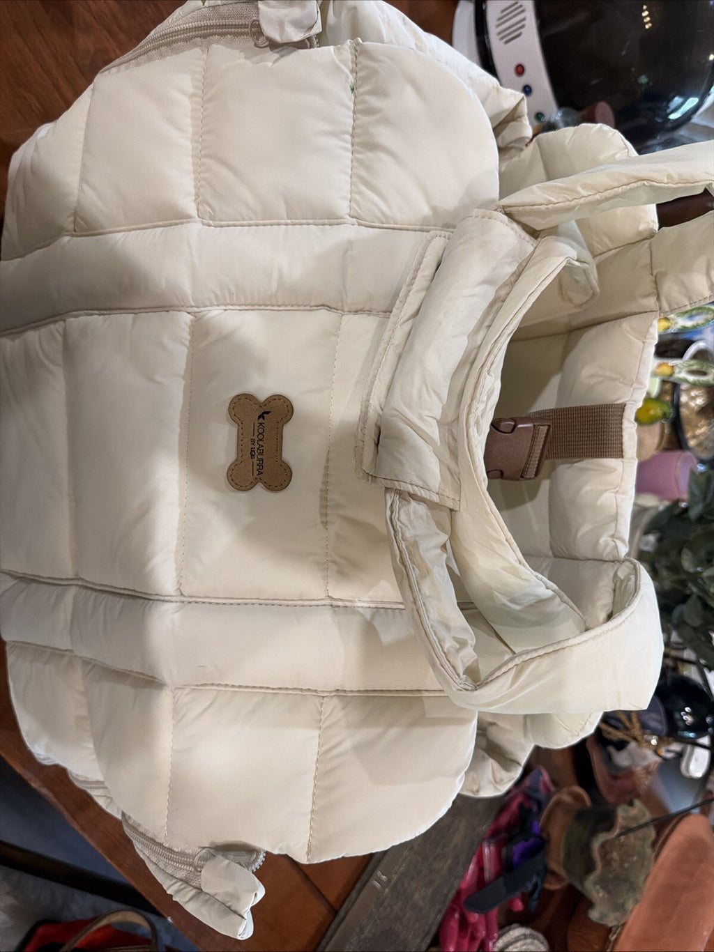 Cream Quilted Padded Pet Carrier Bag with Adjustable Straps