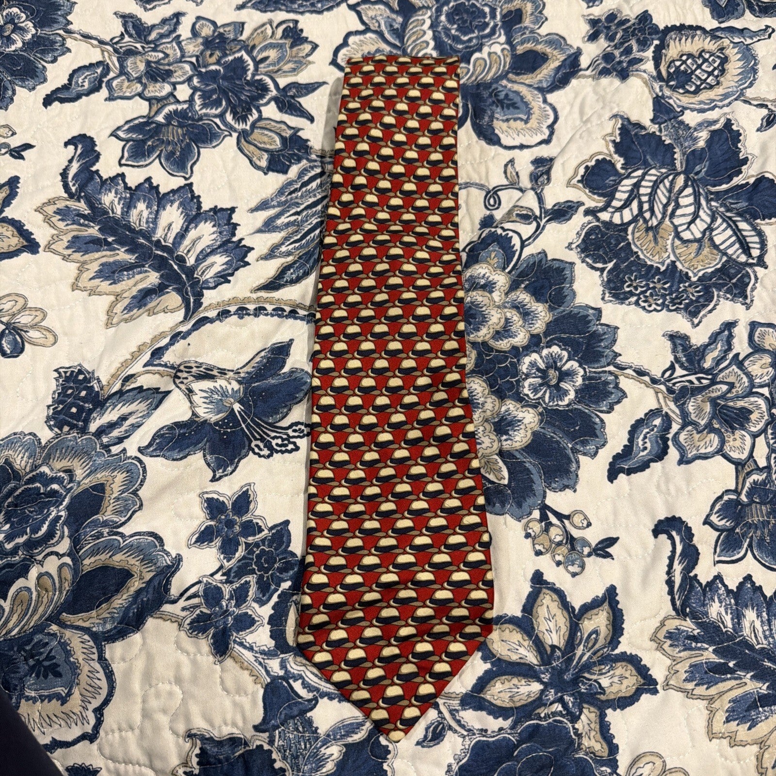 GORGEOUS Harrods of London Red With Bowler Hats Motif Silk Tie Made in England