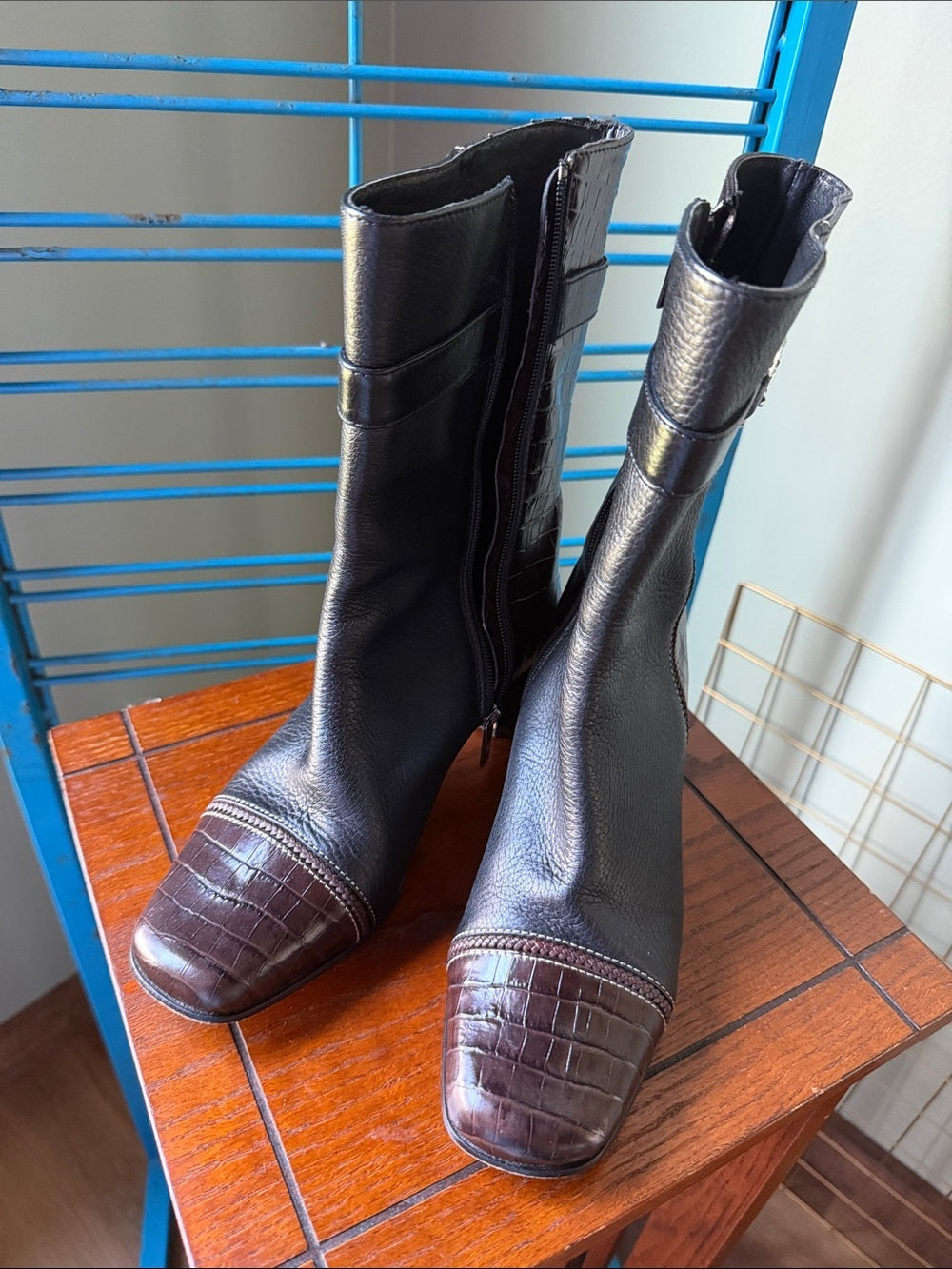 Gretel Women's Black Leather and Croc-Embossed Mid-Calf Boots Size 6