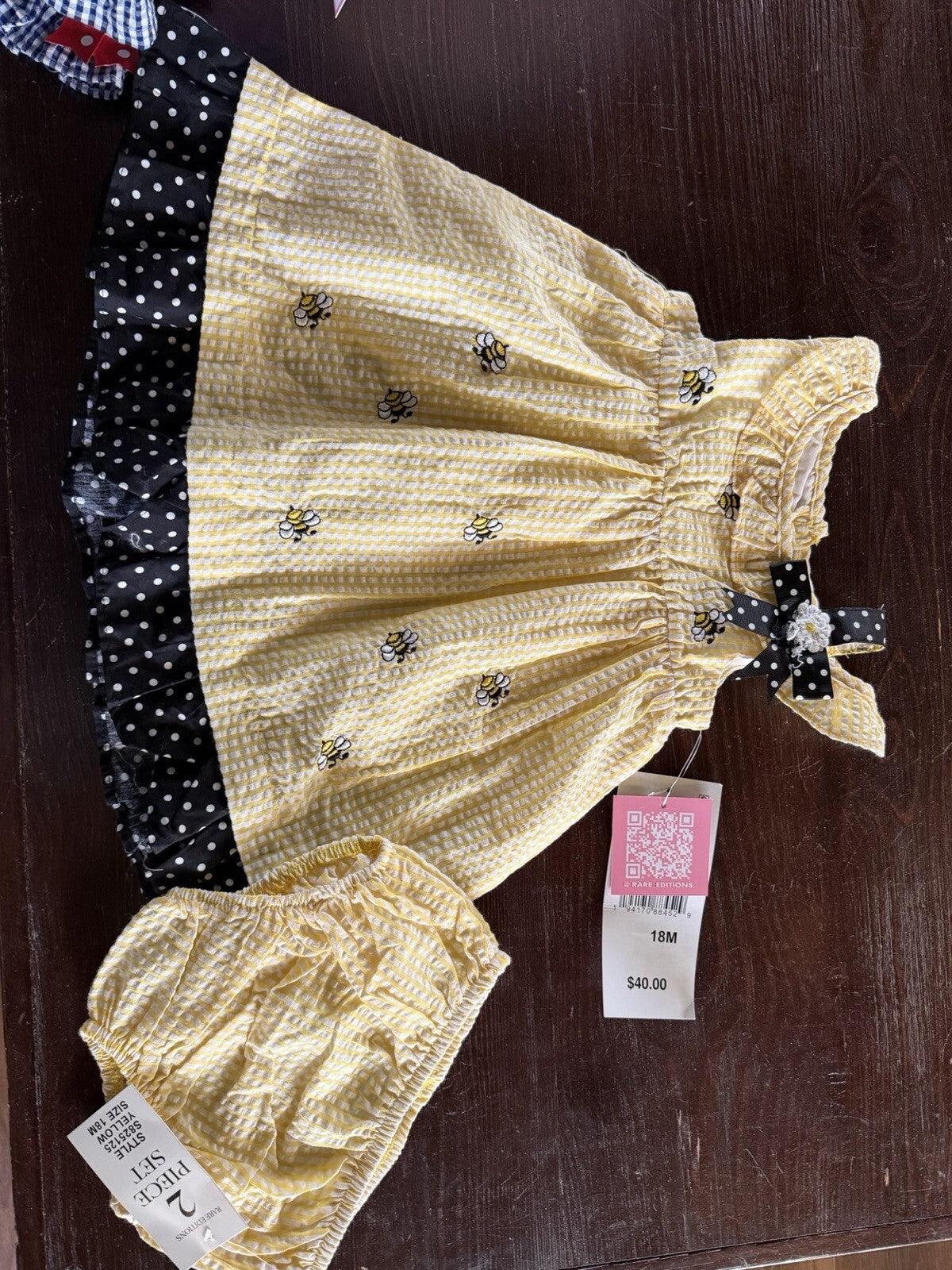 Baby Girl Yellow Bee Print Dress with Black Polka Dot Trim and Matching Bloomers