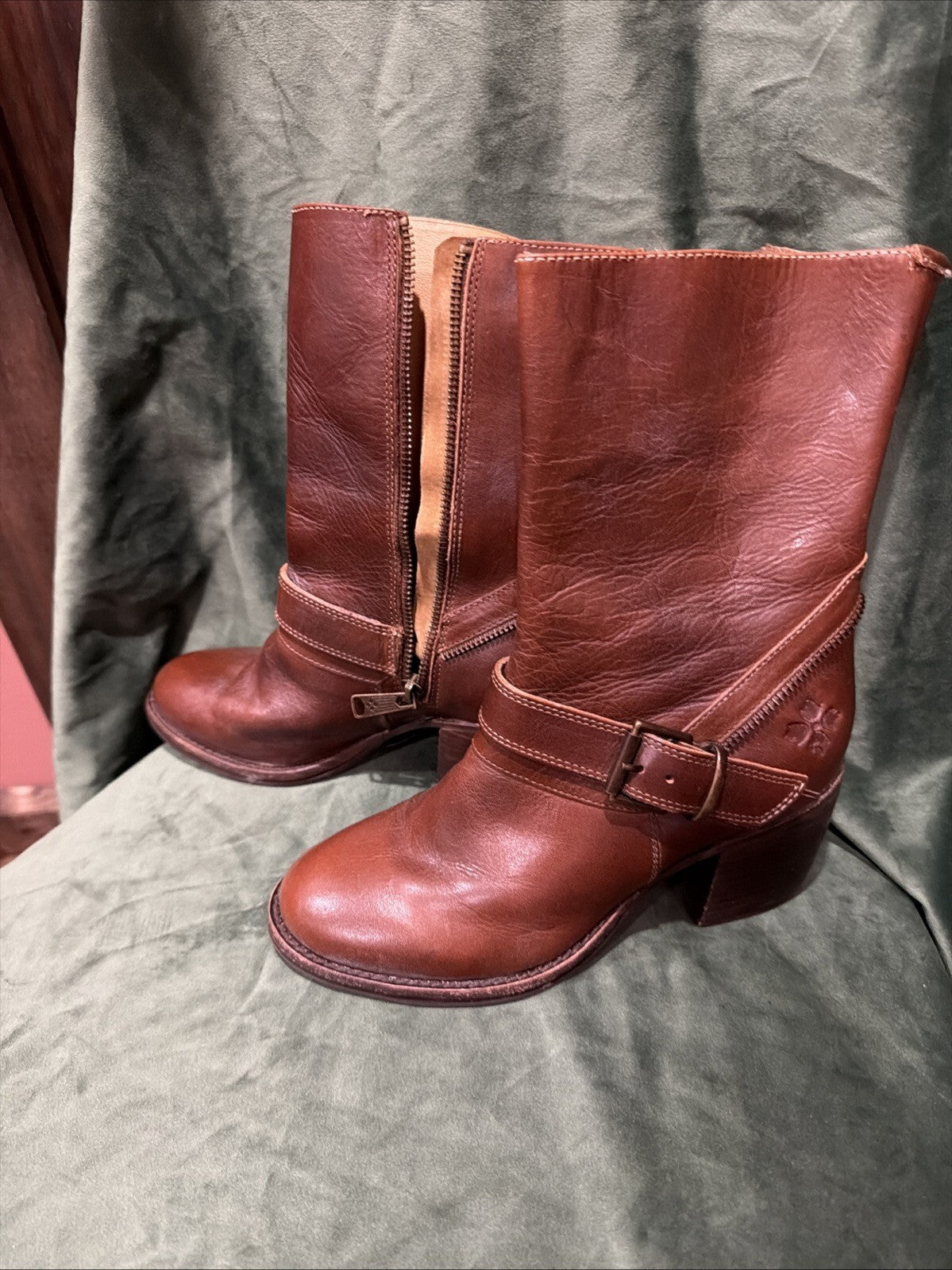 Patricia Nash Brown Leather Mid-Calf Boots with Buckle Detail