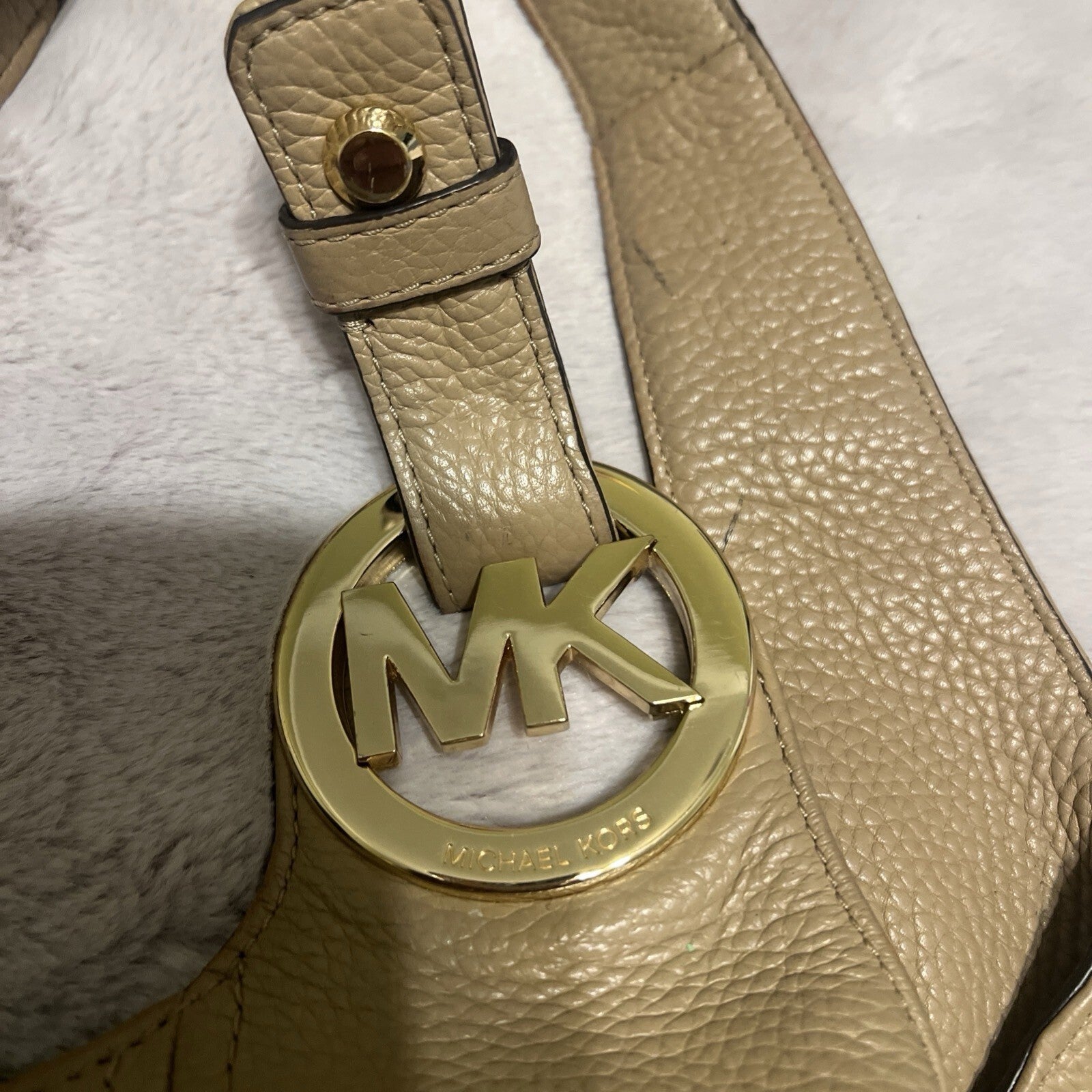 Michael Kors Beige Leather Hobo Shoulder Bag with Gold MK Logo