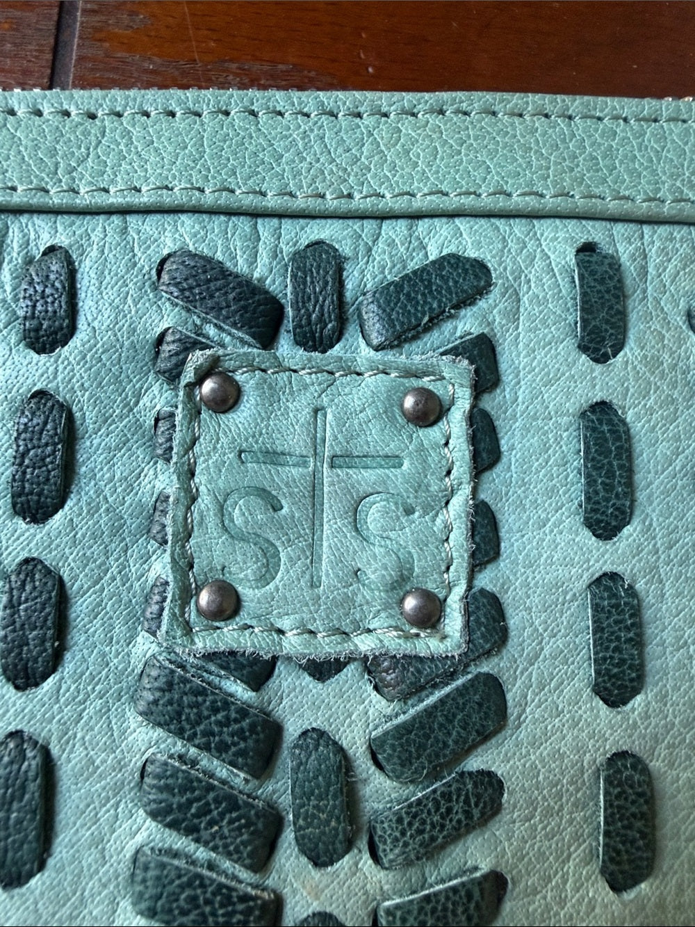 STS Blue Leather Zip Wallet with Decorative Stitching