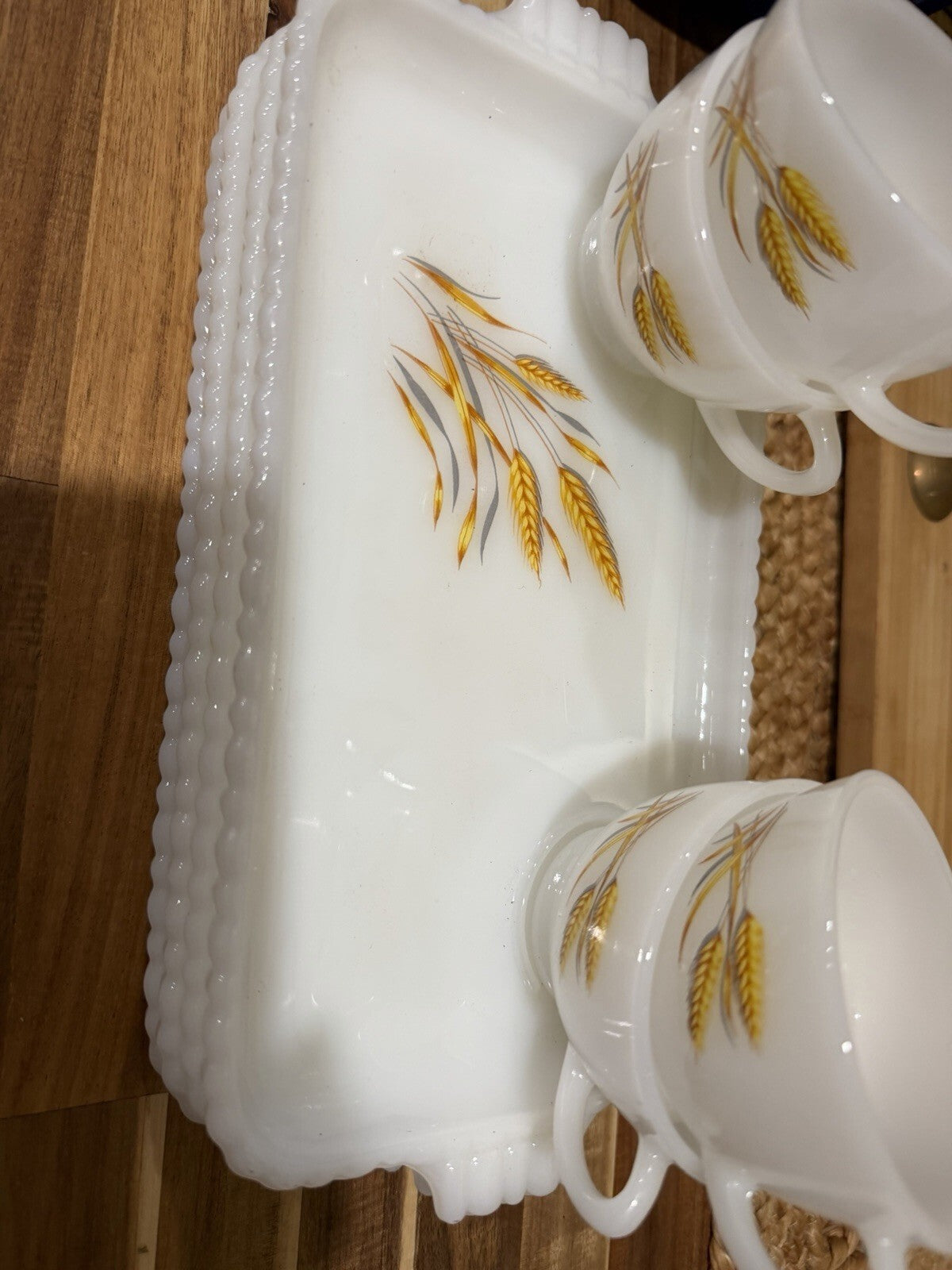 Vintage Milk Glass Tea Set with Wheat Pattern - 3 Pieces