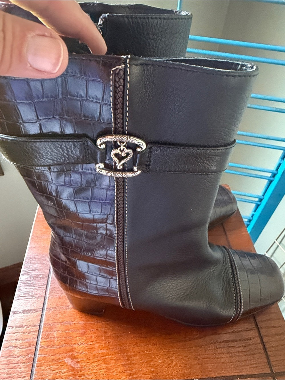 Gretel Women's Black Leather and Croc-Embossed Mid-Calf Boots Size 6