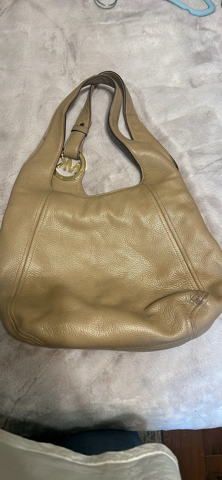 Michael Kors Beige Leather Hobo Shoulder Bag with Gold MK Logo