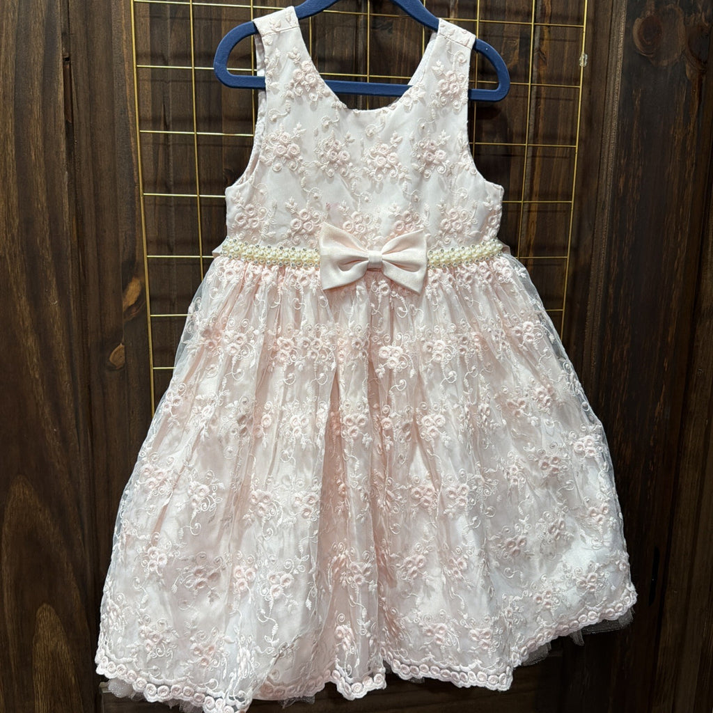 Girls Pink Floral Embroidered Dress with Bow Accent