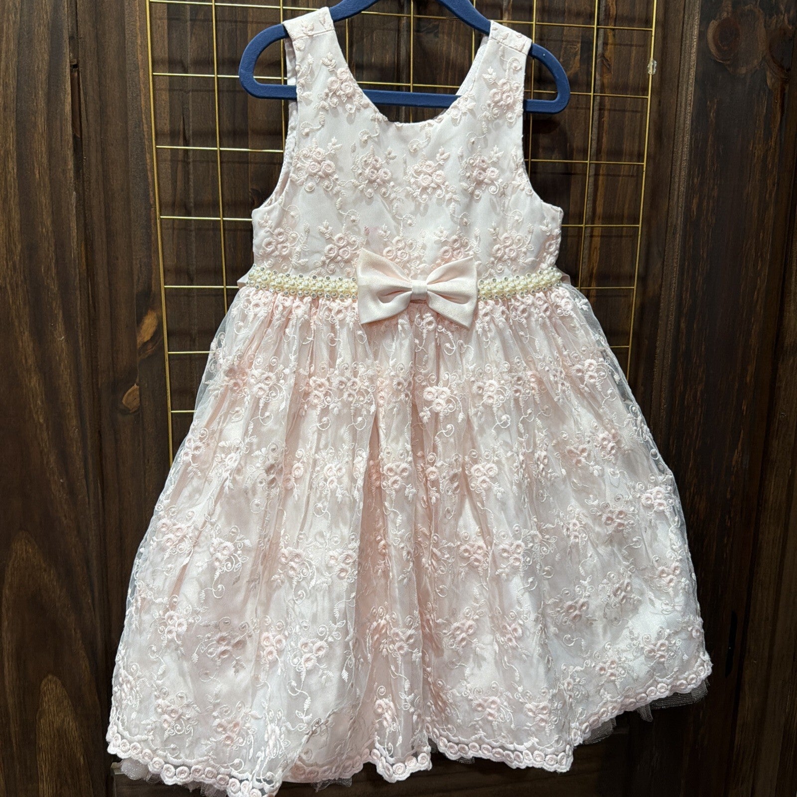 Girls Pink Floral Embroidered Dress with Bow Accent