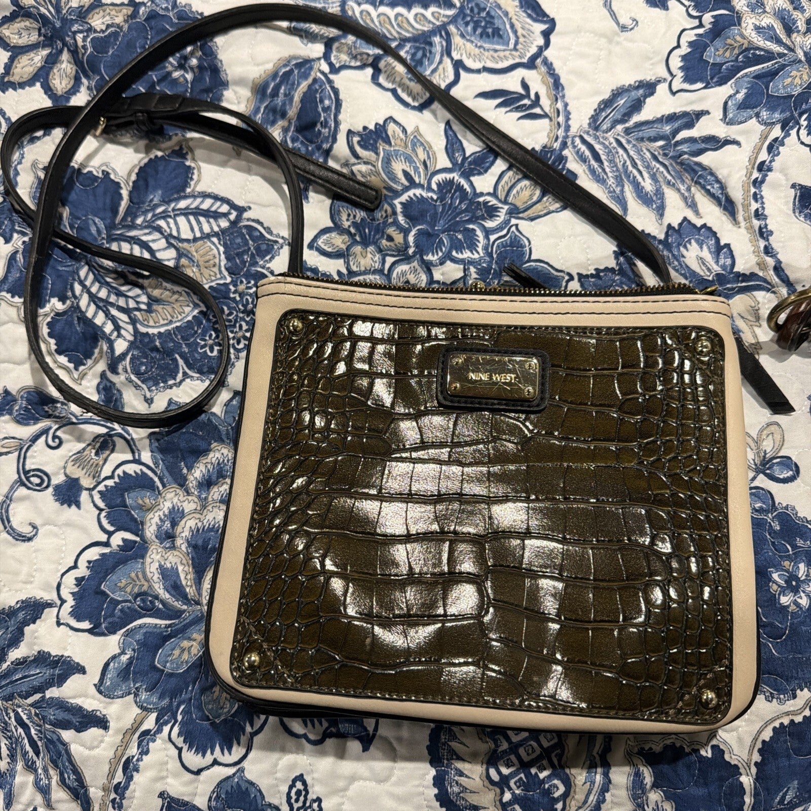 Nine West Croc-Embossed Crossbody Bag with Beige Trim