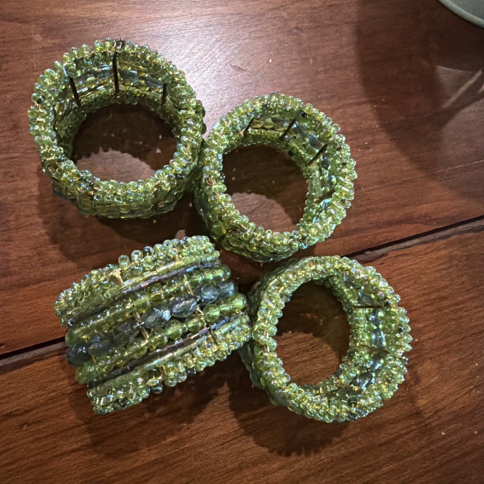 Set of Four Green Beaded Napkin Rings