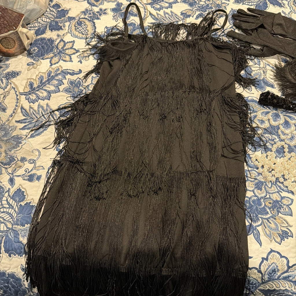 Black Flapper Style Dress with Fringe and Accessories Set