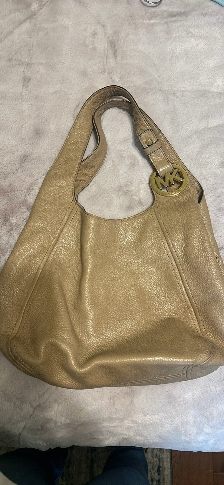 Michael Kors Beige Leather Hobo Shoulder Bag with Gold MK Logo
