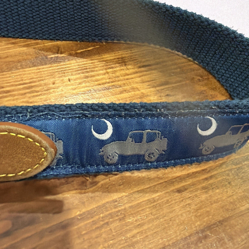 Navy Blue Canvas and Leather Belt with Car and Moon Pattern