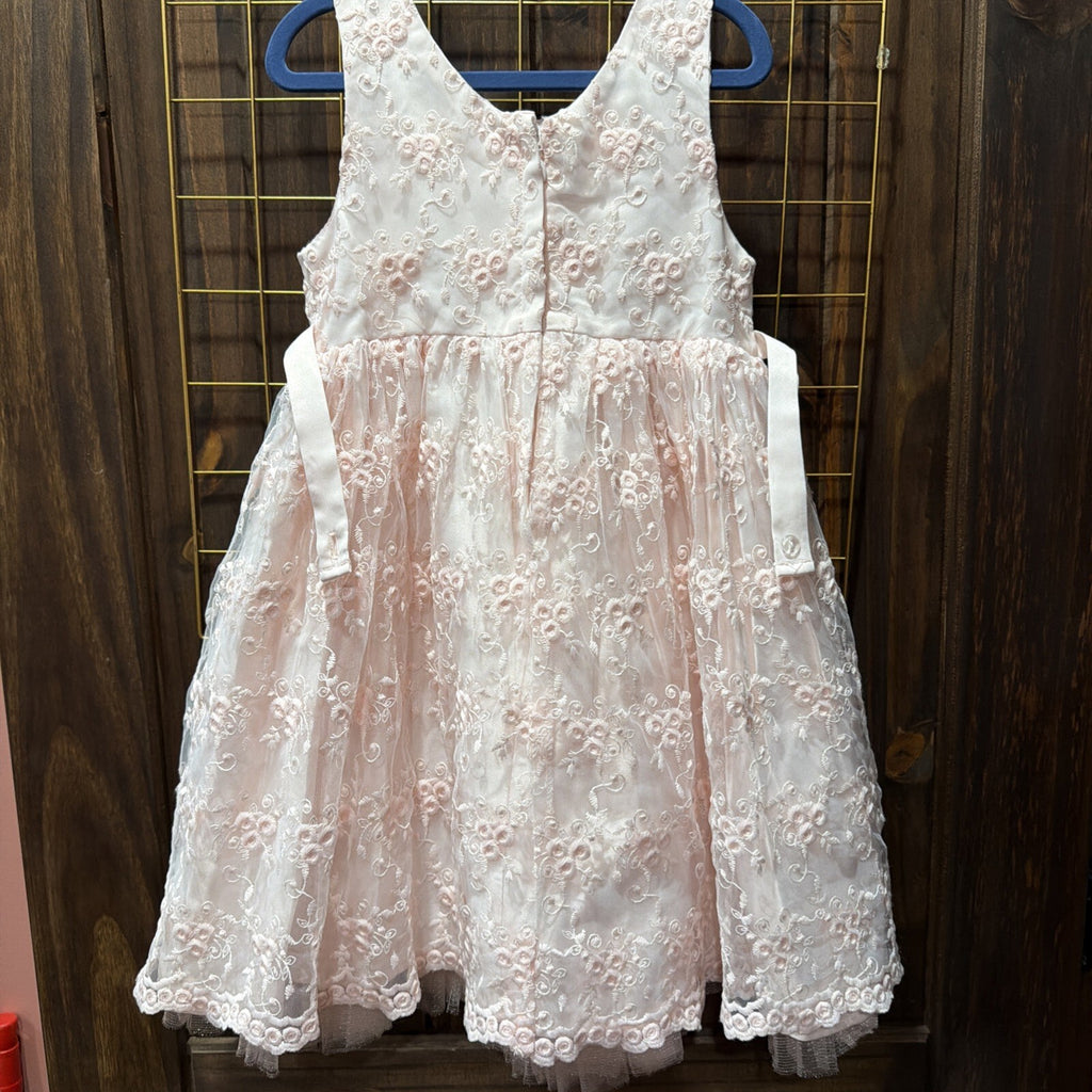 Girls Pink Floral Embroidered Dress with Bow Accent