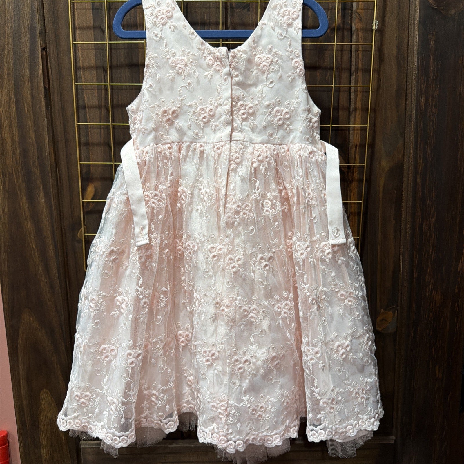 Girls Pink Floral Embroidered Dress with Bow Accent