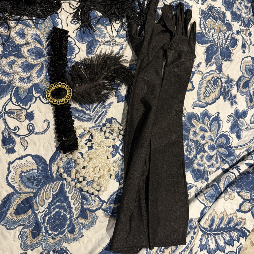 Black Flapper Style Dress with Fringe and Accessories Set
