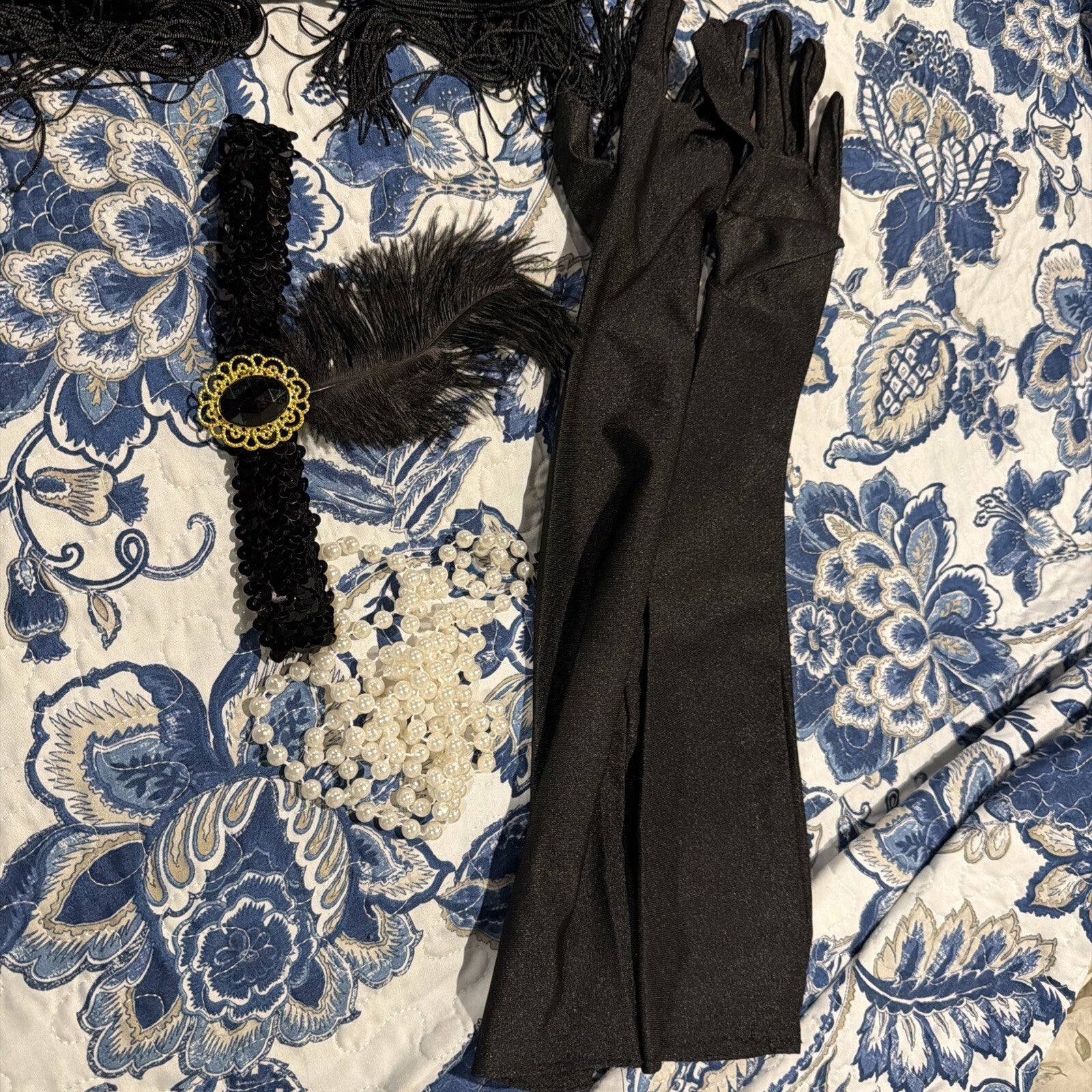 Black Flapper Style Dress with Fringe and Accessories Set
