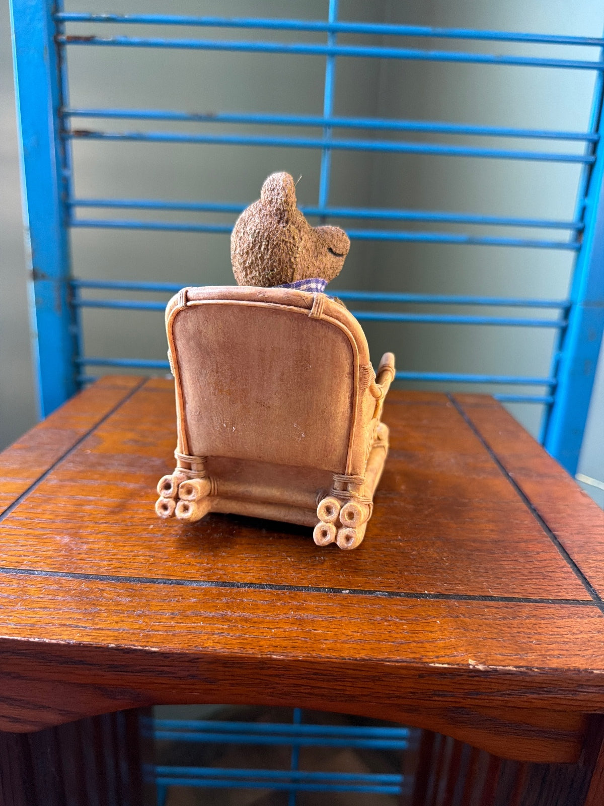 Vintage Style Bear Figurine in Wicker Rocking Chair with Wind-Up Base