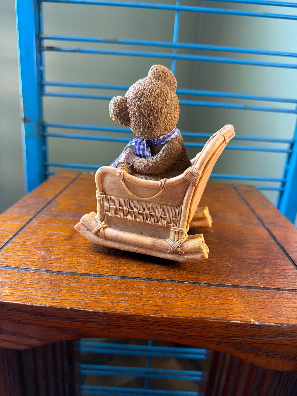 Vintage Style Bear Figurine in Wicker Rocking Chair with Wind-Up Base