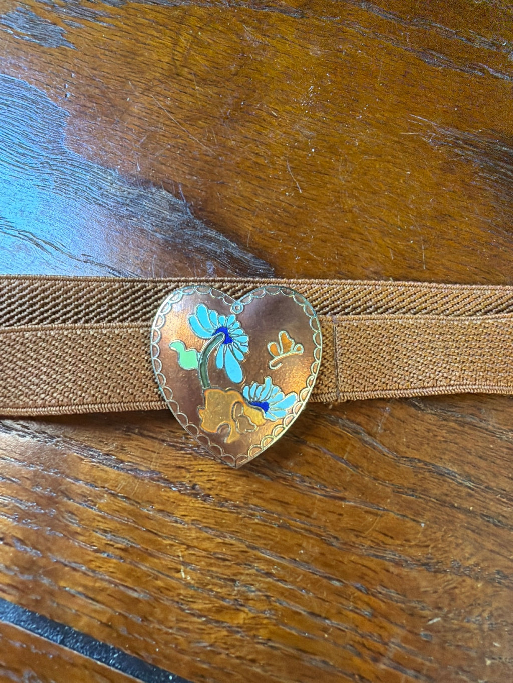 Vintage Brown Elastic Belt with Heart-Shaped Floral Buckle
