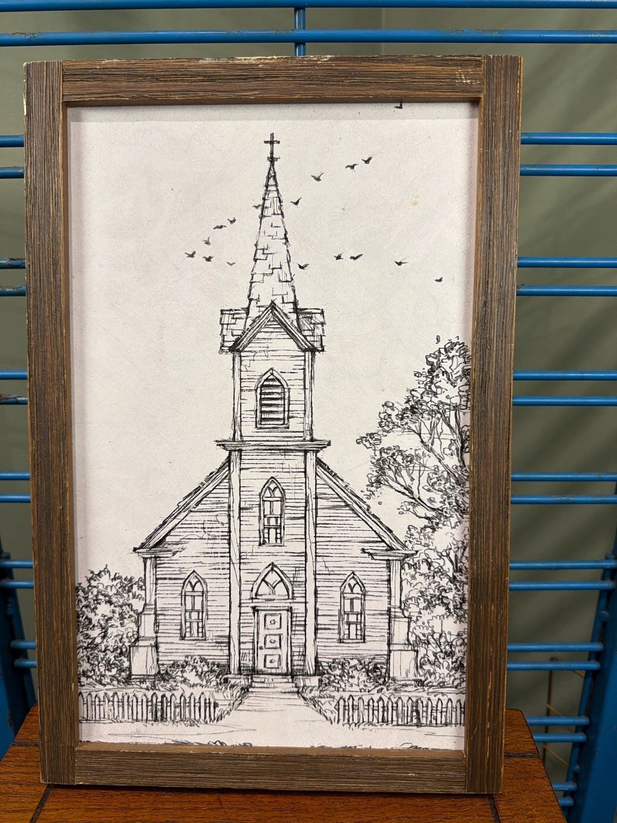 Framed Black and White Sketch of Church Building