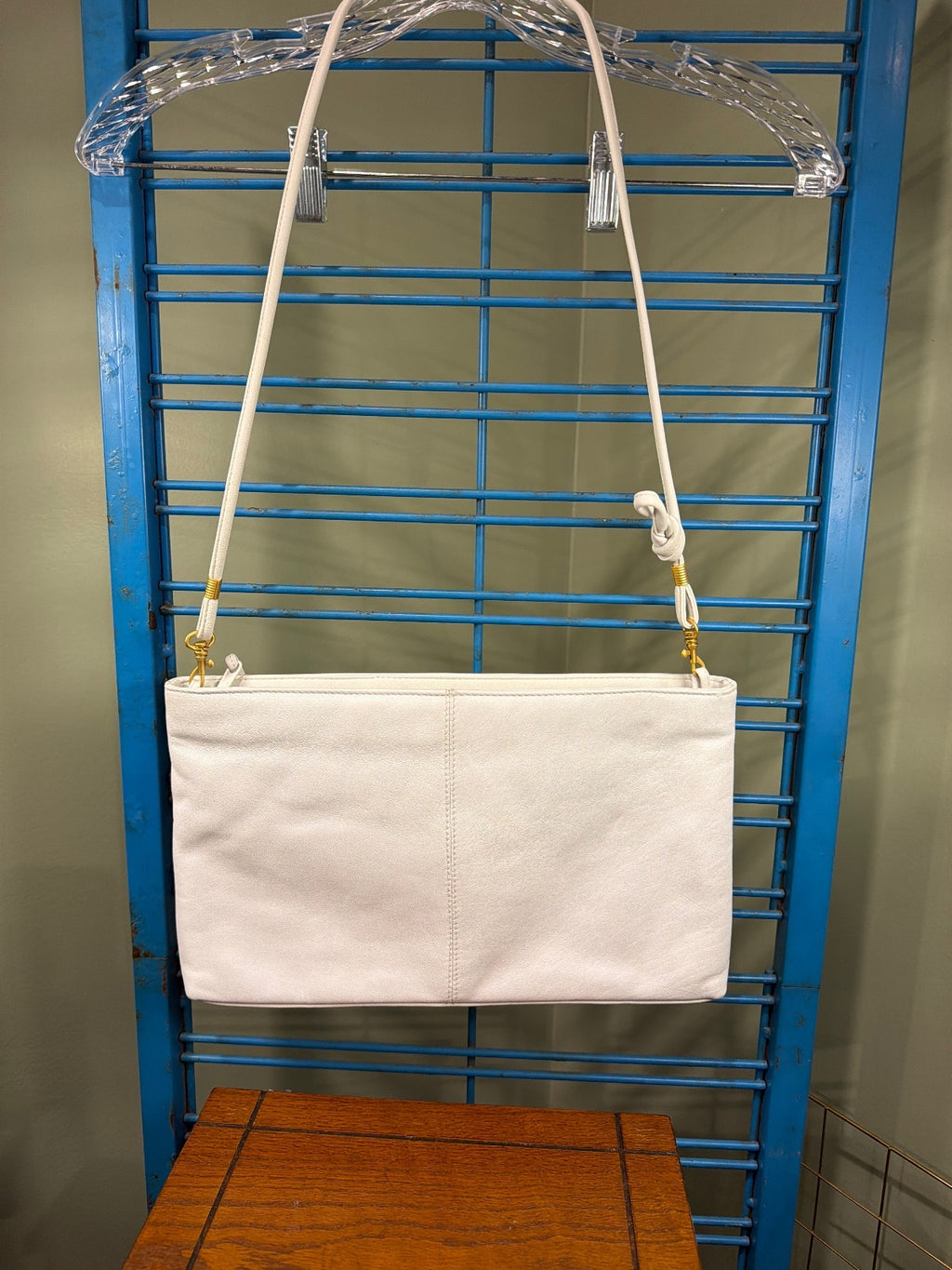 White Leather Crossbody Shoulder Bag with Gold Accents