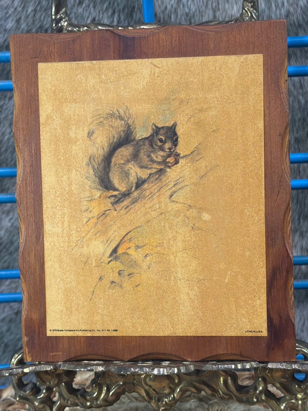 Vintage 1979 Squirrel Art Plaque on Wood Frame