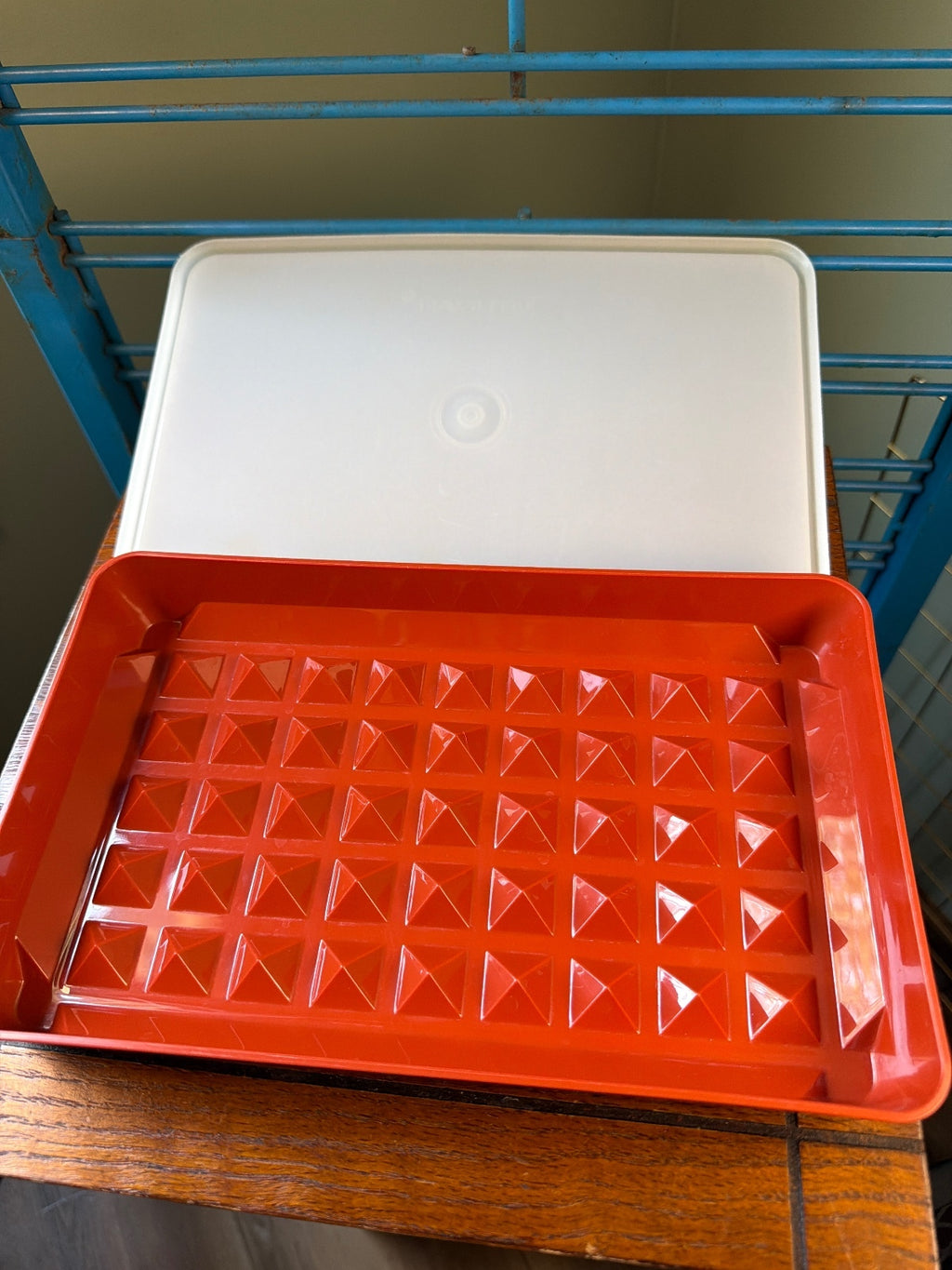 Vintage Tupperware Red and White Plastic Waffle Maker Tray with Lid