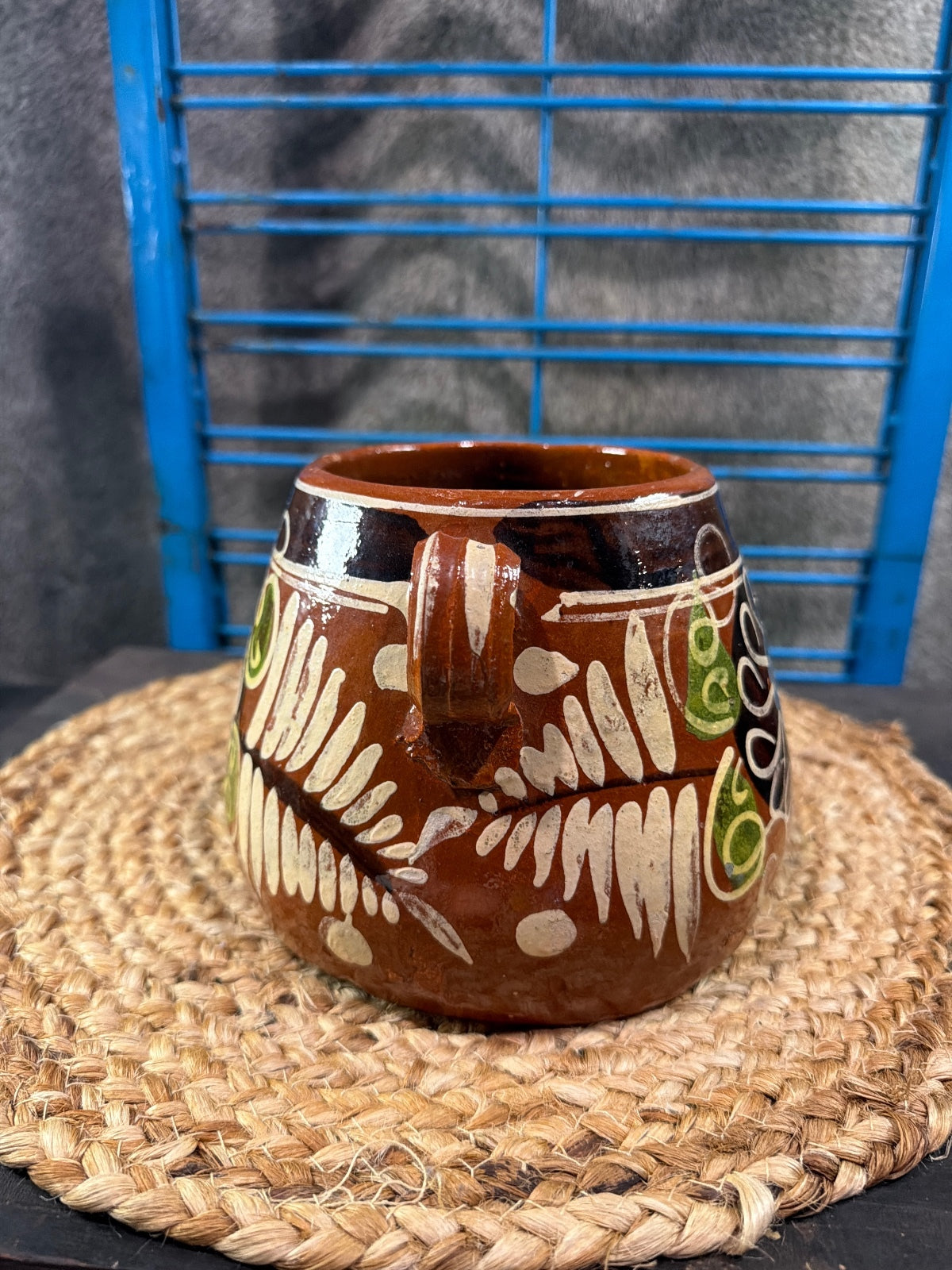 Vintage Mexican Hand-Painted Ceramic Pottery Vase with Handles