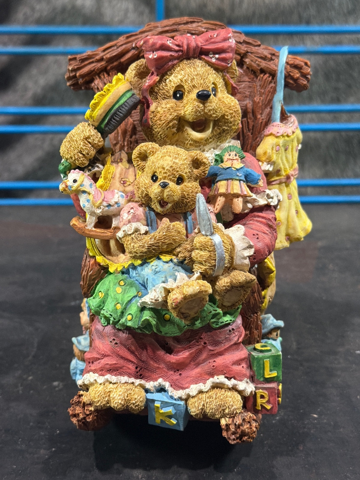 Vintage Teddy Bear Family Music Box Figurine with Rocking Chair