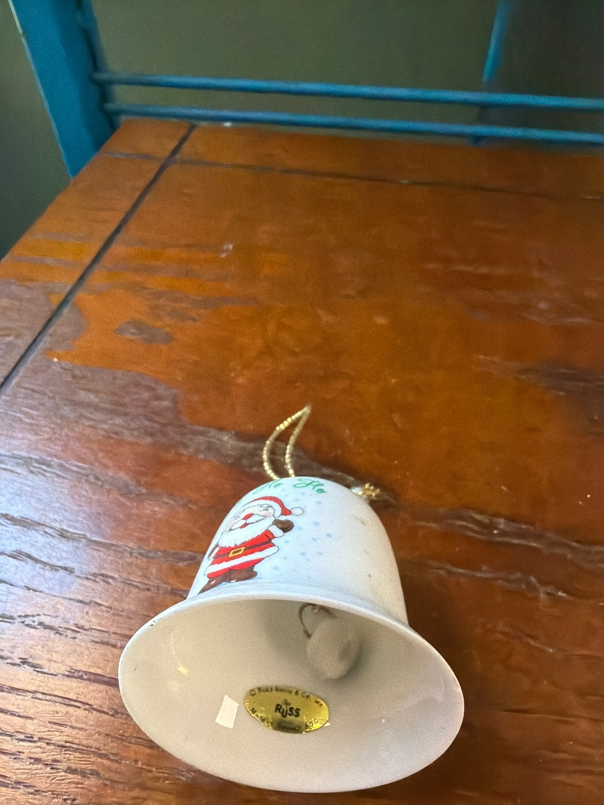 Russ Christmas Ceramic Bell Ornament with Santa Claus Design