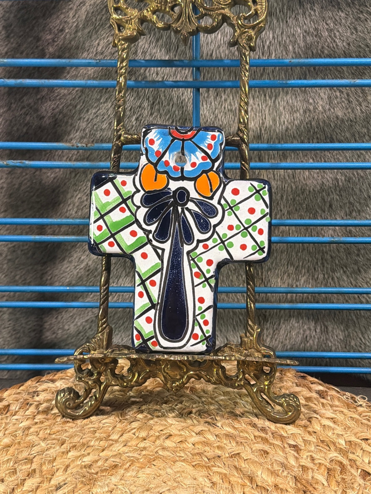 Hand-Painted Ceramic Cross Wall Decor Colorful Floral Design