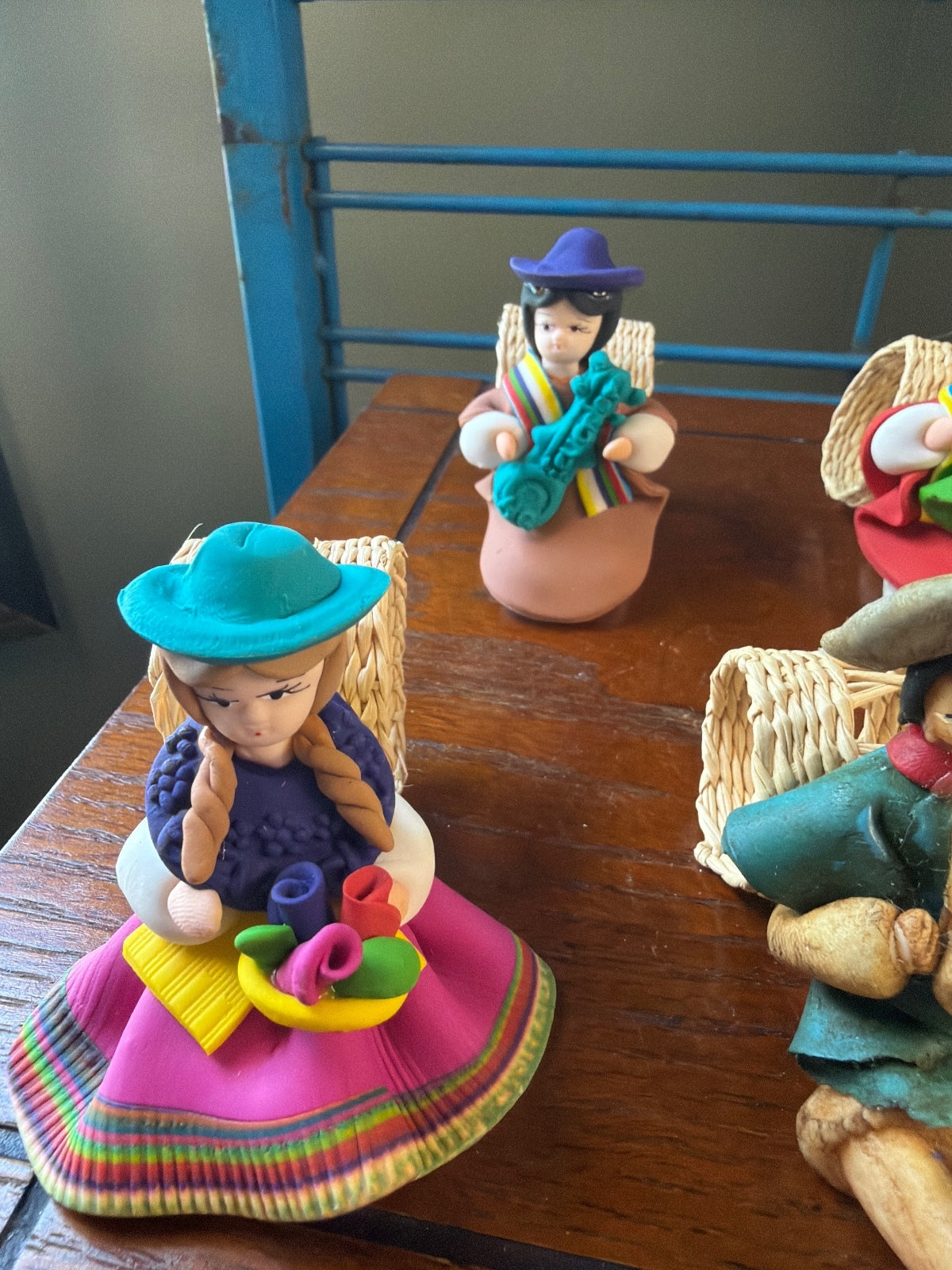 Set of 6 Handmade Peruvian Clay Figurines with Traditional Dress and Instruments