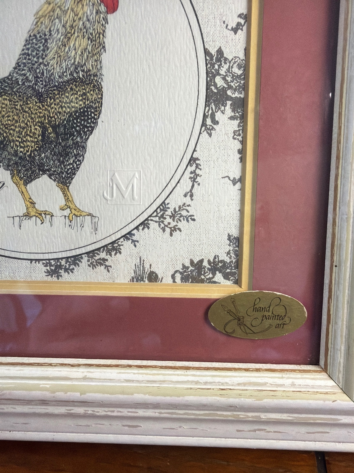 Mpressions Hand Painted Rooster Art in White Frame with Burgundy Mat
