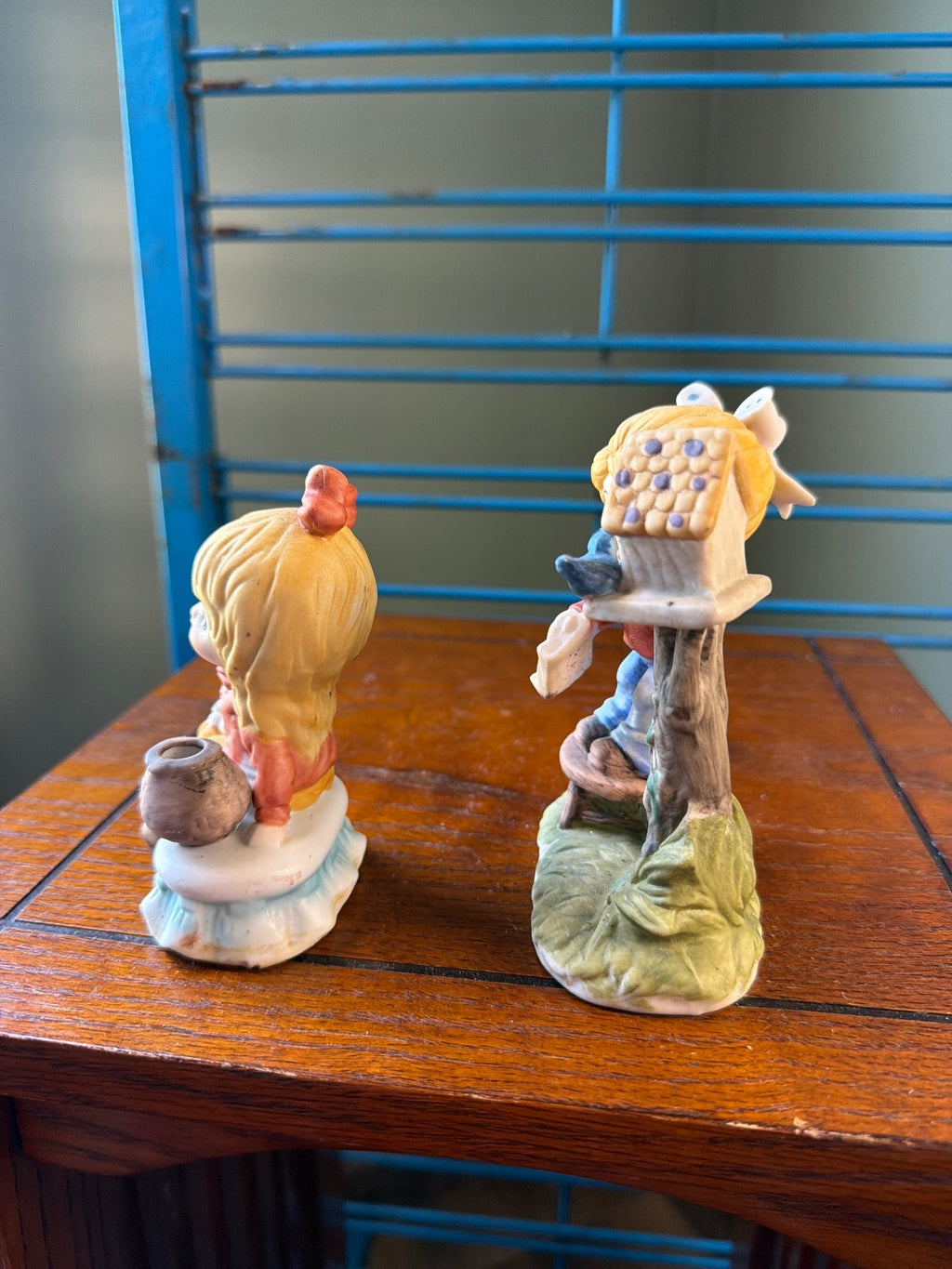 Vintage Ceramic Figurine Set of Two Children with Birdhouse and Puppy