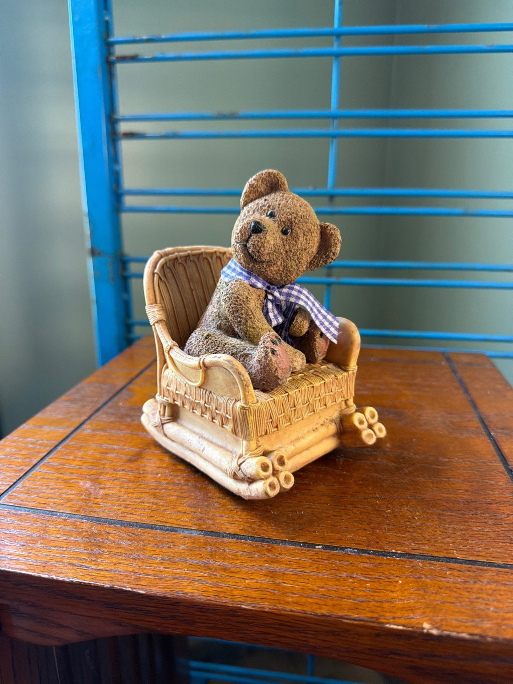 Vintage Style Bear Figurine in Wicker Rocking Chair with Wind-Up Base
