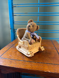 Vintage Style Bear Figurine in Wicker Rocking Chair with Wind-Up Base