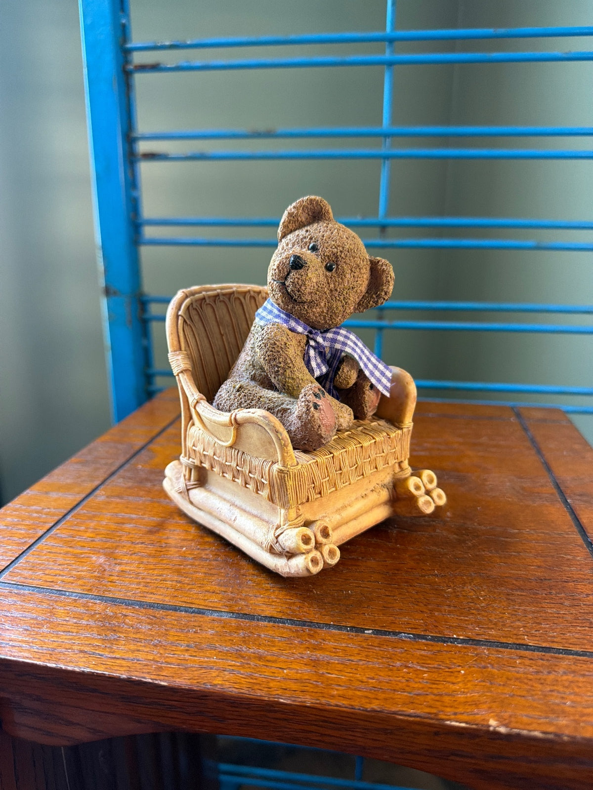 Vintage Style Bear Figurine in Wicker Rocking Chair with Wind-Up Base