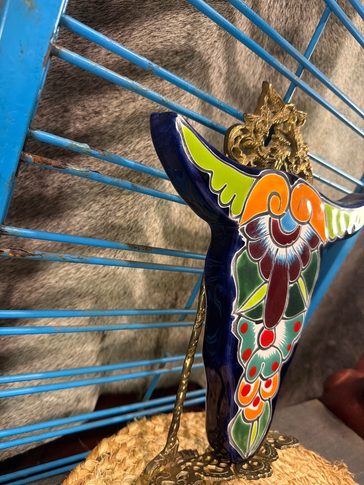 Hand-Painted Talavera Ceramic Bull Skull with Ornate Metal Stand