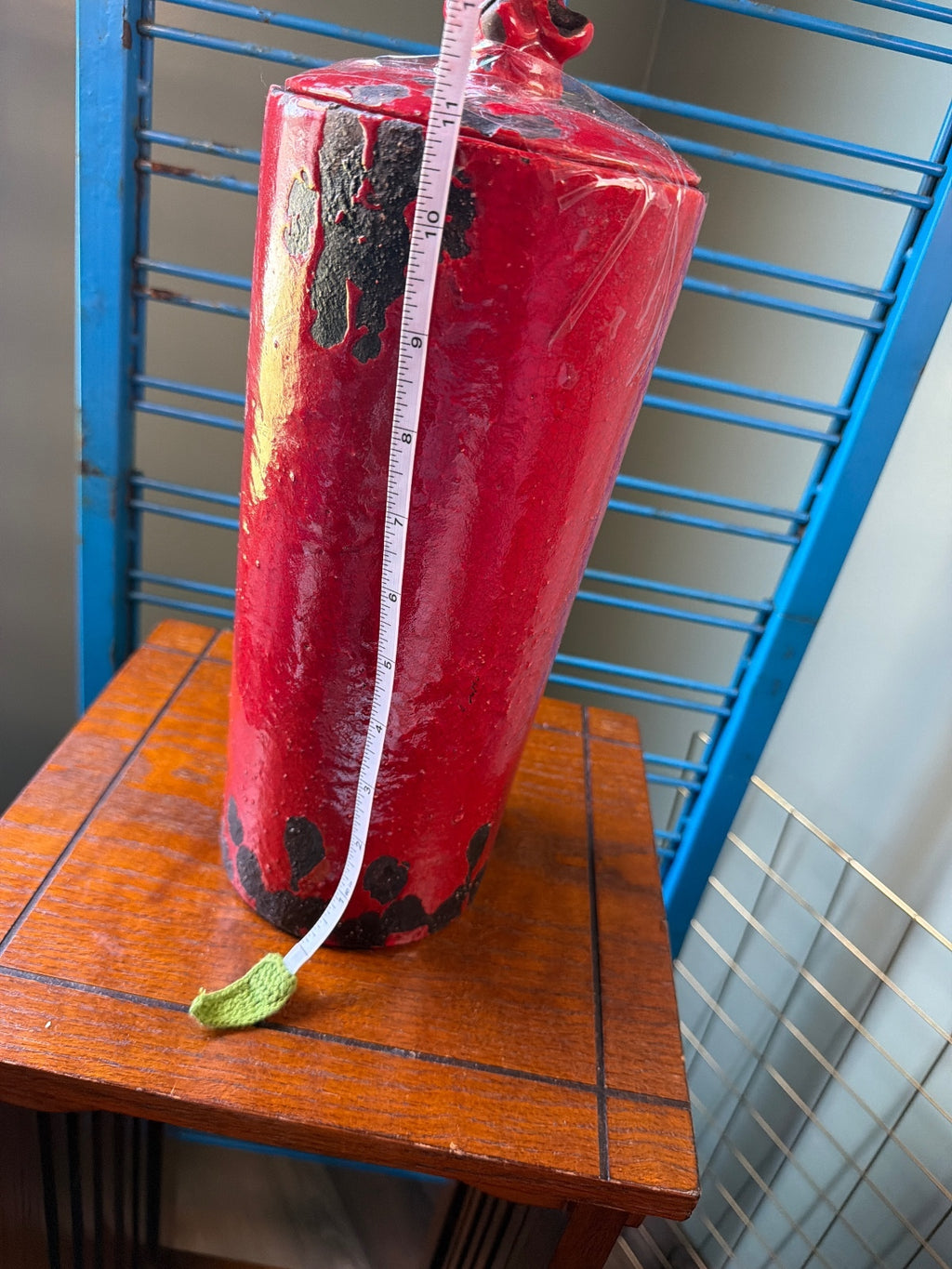 Tall Red Ceramic Decorative Jar with Fleur-de-lis Lid