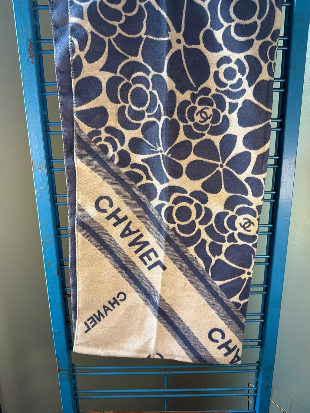 Chanel Floral Pattern Scarf Shawl in Navy and Cream