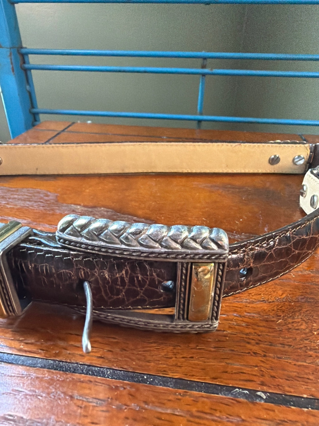 Brighton Brown Croc-Embossed Leather Belt with Decorative Buckle