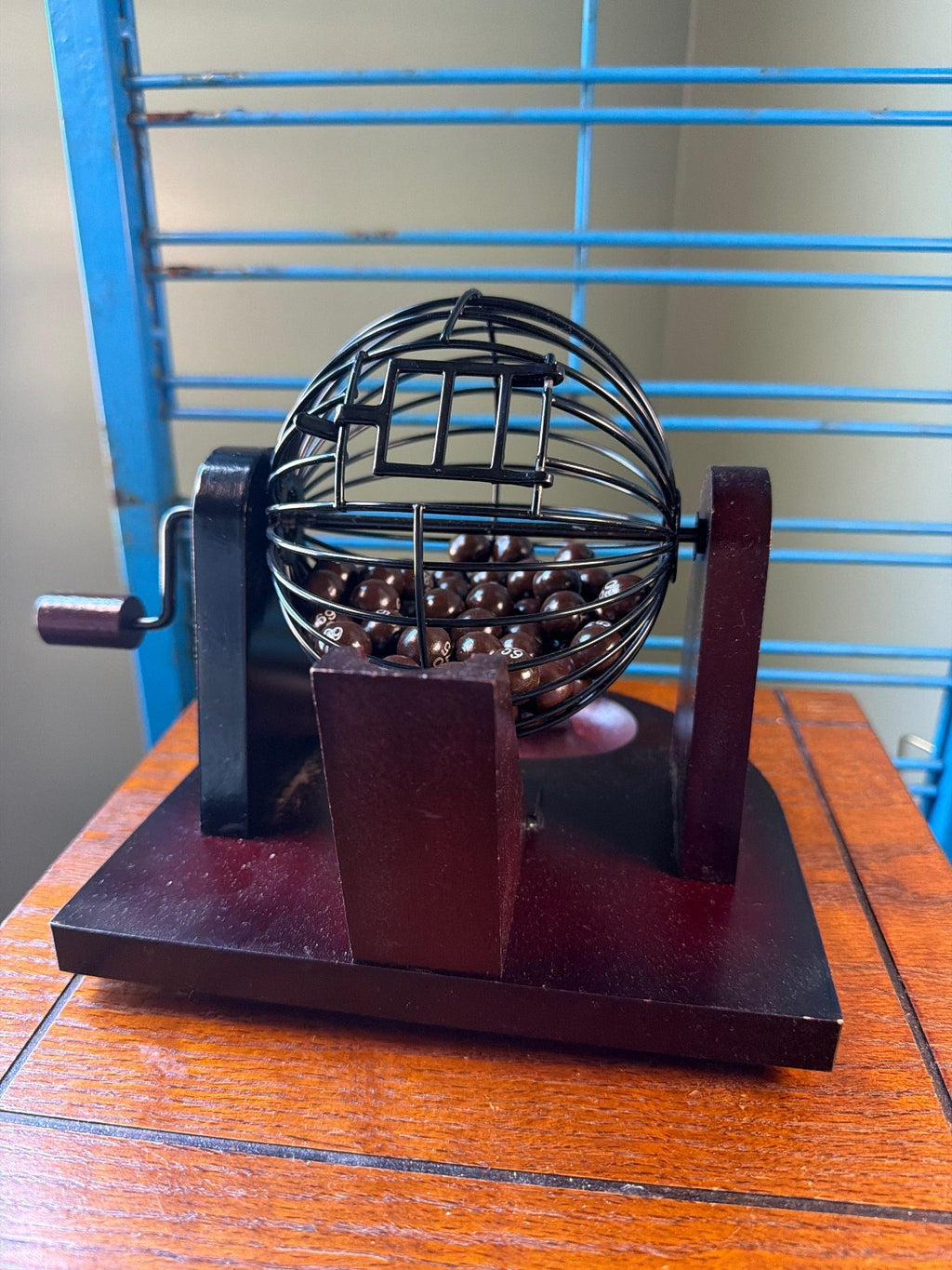 Vintage Wooden and Metal Bingo Cage with Numbered Balls